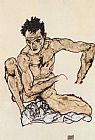 Squatting male act selfportrait by Egon Schiele